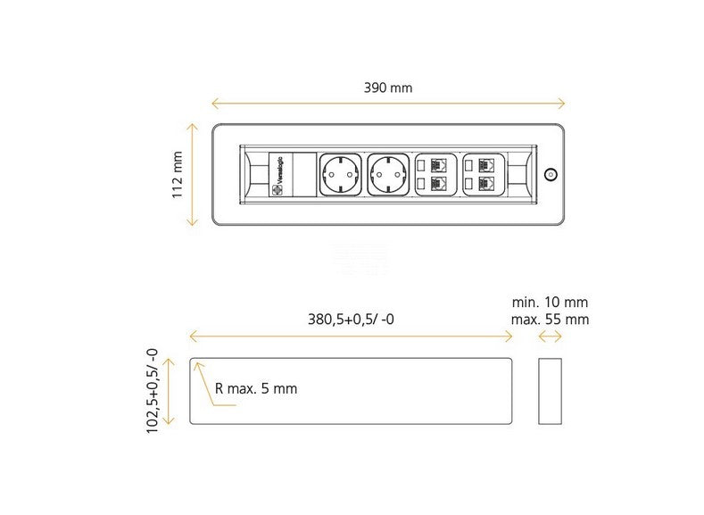 ASA 06024E00027 Vestavná otočná zásuvková jednotka VERSATURN 3.0, 3x 230 V, nabíječka USB 5 V typ A+C, černé sklo