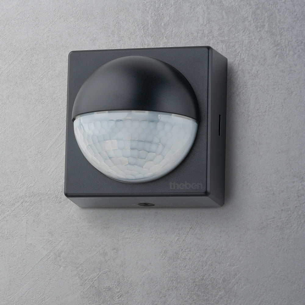 THEBEN Bewegungsmelder für Wandmontage, Lichtsteuerung, 180°, max. 12 m, schwarz, IP 55