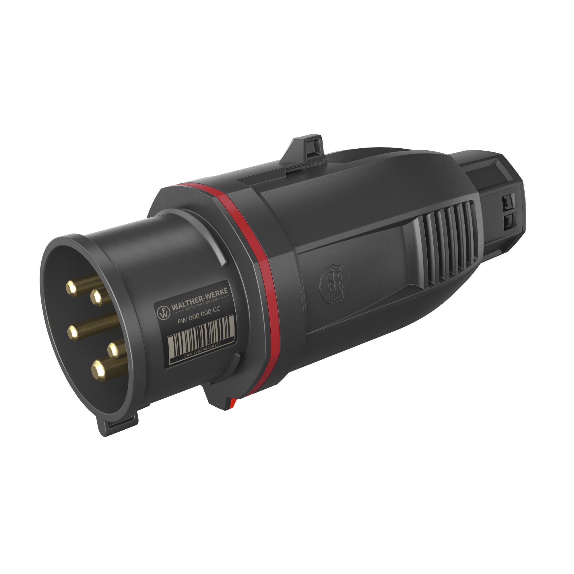 WALTHER FW210506CC CEE Vidlice NEO One-Touch, 16A 5P 400V 6h, IP54, s bezšroubovým pružinovým připojením, automatické odlehčení v tahu, černá/červená
