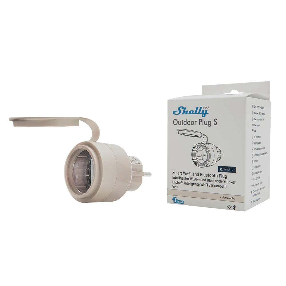 Shelly Outdoor Plug S Gen3 – Venkovní chytrá zásuvka s Wi-Fi, Bluetooth a měřením spotřeby